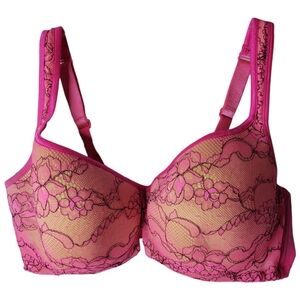Casique 44D Bra Neon Barbie Pink Underwire Push-Up Lace Padded Molded Cups